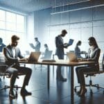 Oficina moderna con equipo tech trabajando en laptops