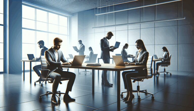 Oficina moderna con equipo tech trabajando en laptops