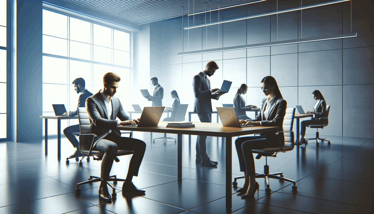 Oficina moderna con equipo tech trabajando en laptops