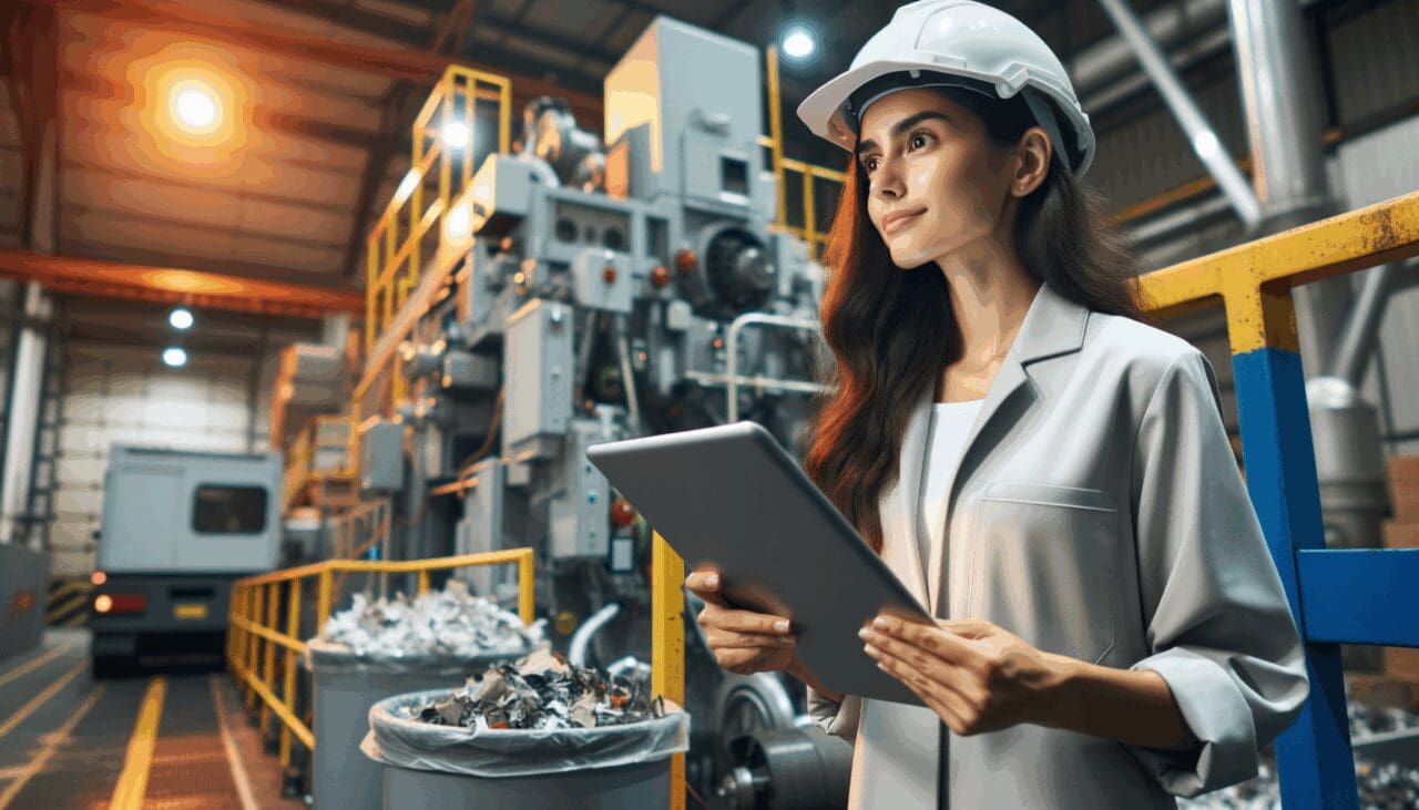 Imagen de un ingeniero supervisando maquinaria avanzada en una planta de reciclaje industrial