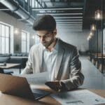 Emprendedor revisando propuesta en laptop en espacio de coworking moderno