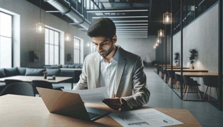Emprendedor revisando propuesta en laptop en espacio de coworking moderno