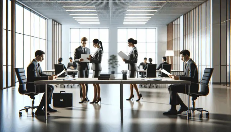 Oficina moderna con abogados revisando documentos