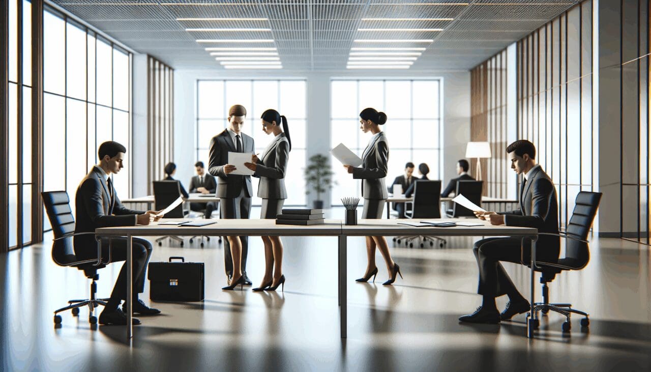 Oficina moderna con abogados revisando documentos