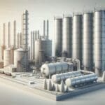 Infraestructura tecnológica moderna con tuberías y silos junto a una fuente energética natural