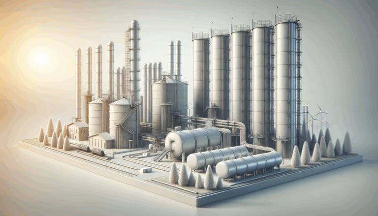 Infraestructura tecnológica moderna con tuberías y silos junto a una fuente energética natural