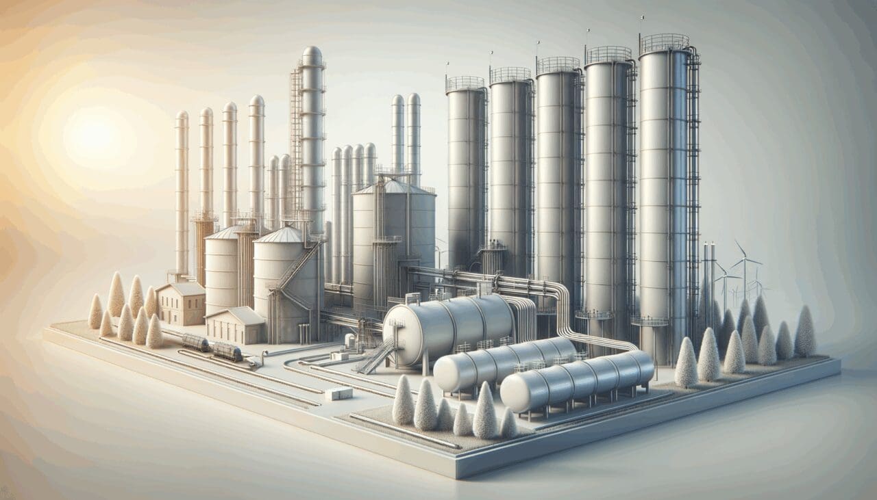 Infraestructura tecnológica moderna con tuberías y silos junto a una fuente energética natural