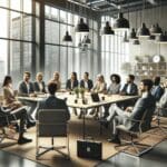 Reunión de emprendedores en un espacio de coworking lleno de tecnología.