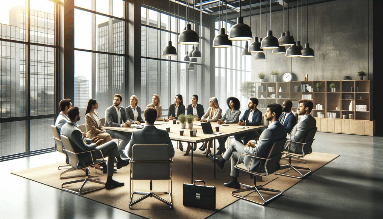 Reunión de emprendedores en un espacio de coworking lleno de tecnología.