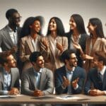 Grupo de emprendedores conectando en una conferencia de tecnología.