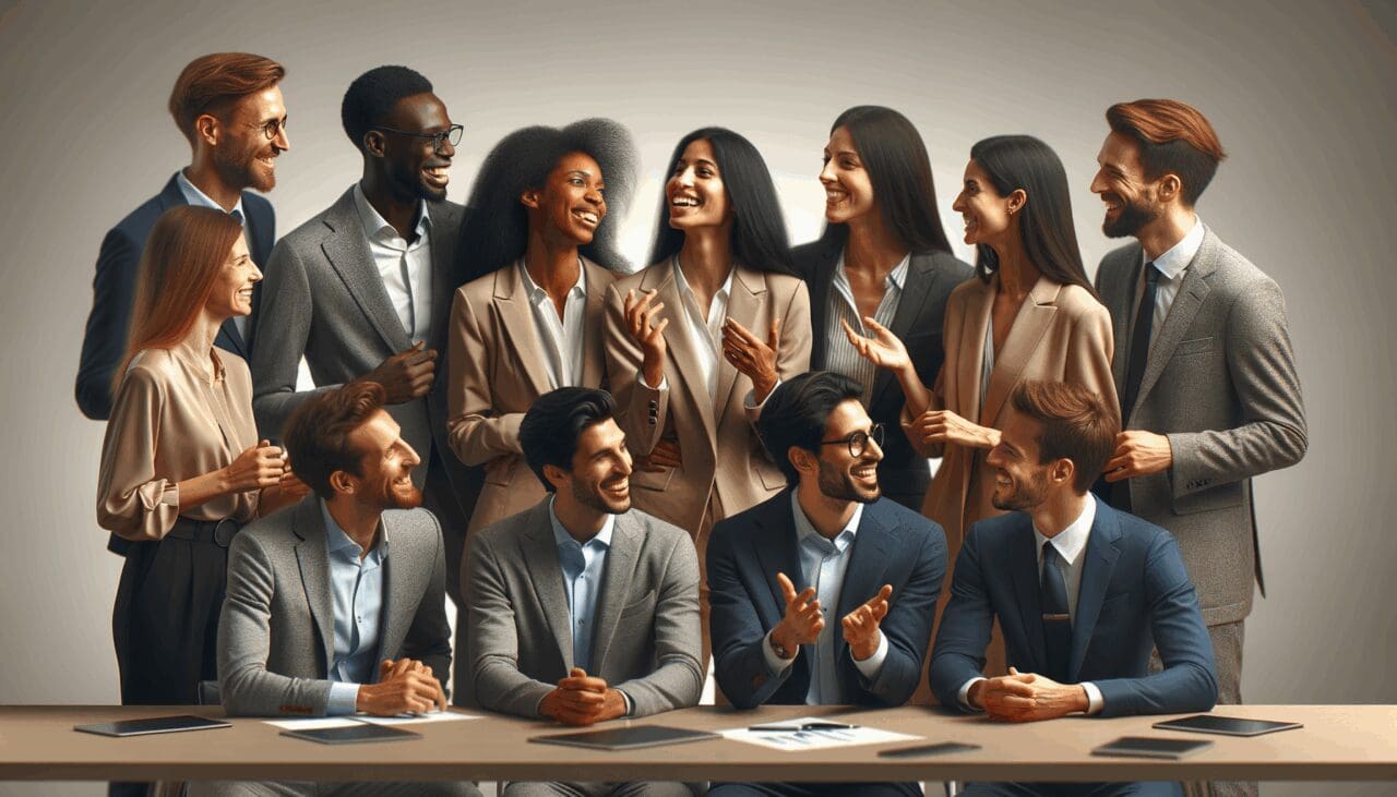 Grupo de emprendedores conectando en una conferencia de tecnología.