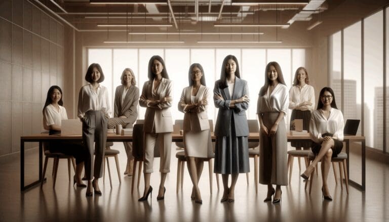 Mujeres emprendedoras reunidas en un espacio de coworking moderno en un país asiático