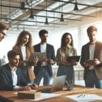 Emprendedores interactuando en un entorno tecnológico moderno.