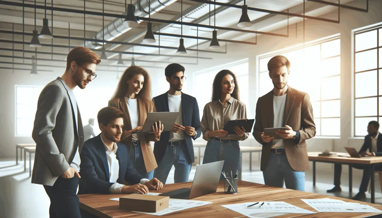 Emprendedores interactuando en un entorno tecnológico moderno.