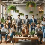 Equipo de emprendedores trabajando en un espacio de coworking sostenible con plantas y laptops