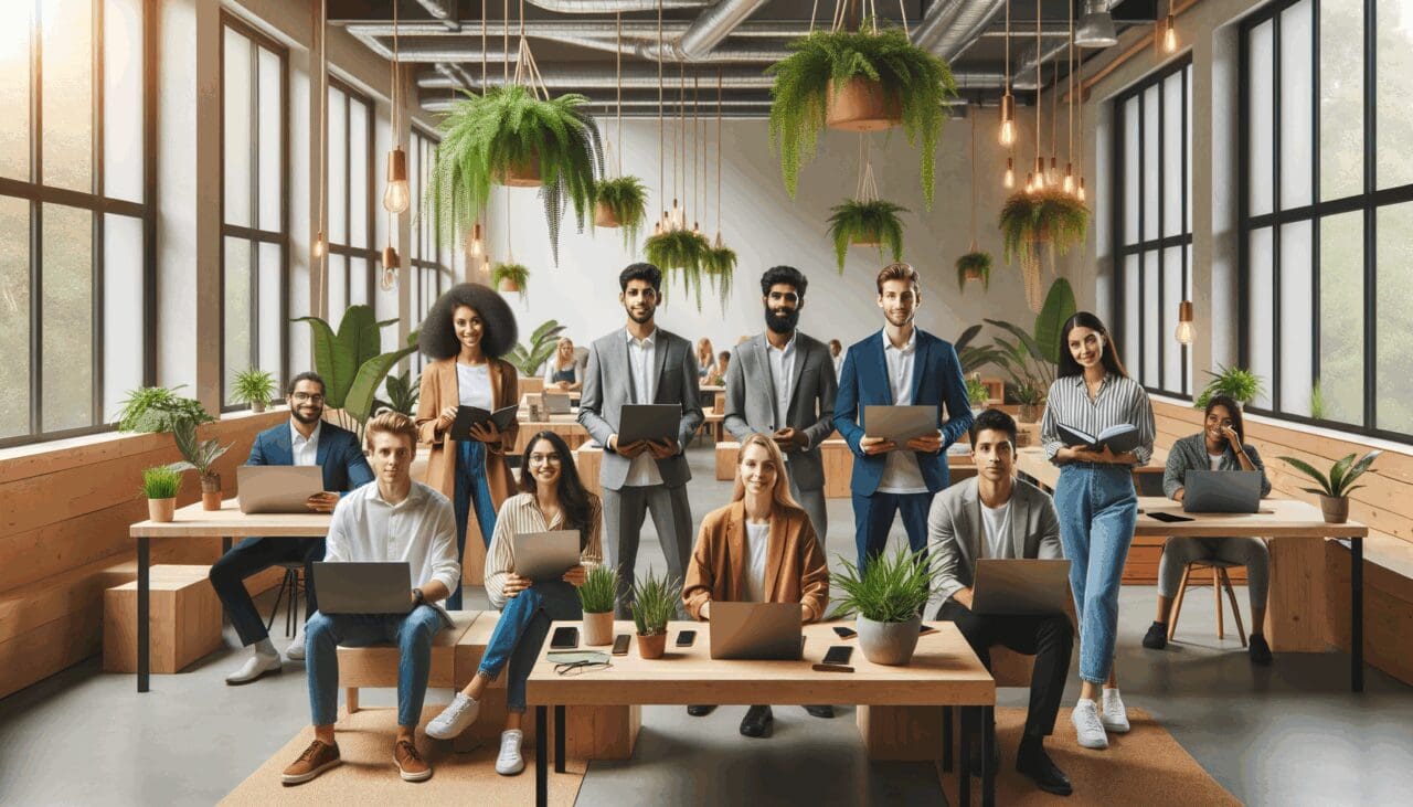 Equipo de emprendedores trabajando en un espacio de coworking sostenible con plantas y laptops