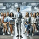 Jóvenes emprendedores presentando sus startups en un auditorio tecnológico iluminado