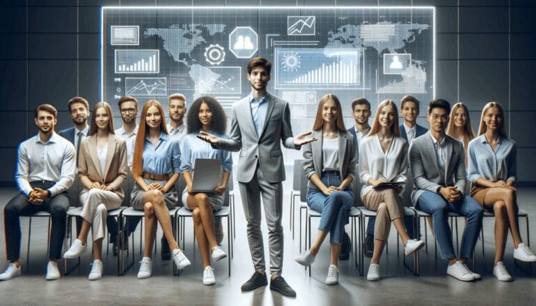 Jóvenes emprendedores presentando sus startups en un auditorio tecnológico iluminado