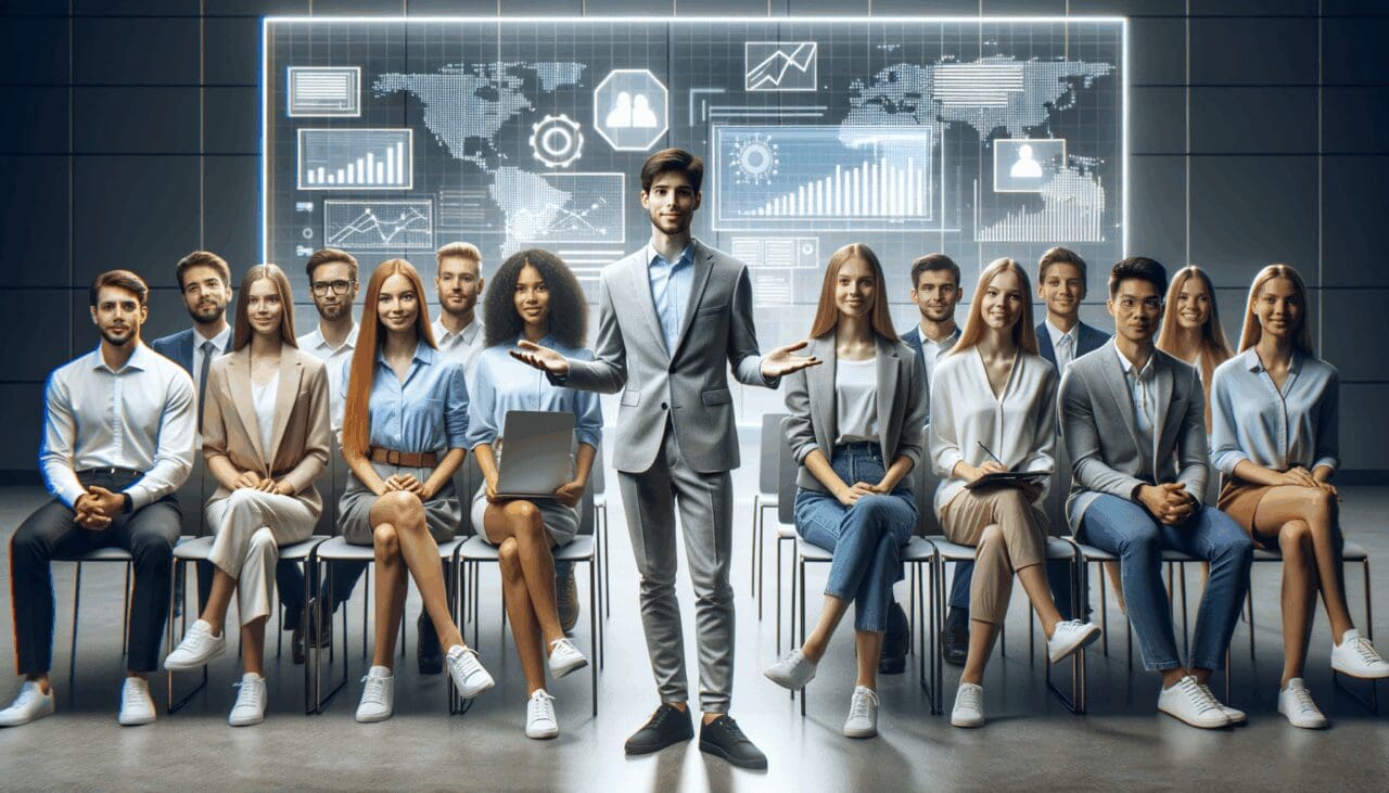 Jóvenes emprendedores presentando sus startups en un auditorio tecnológico iluminado