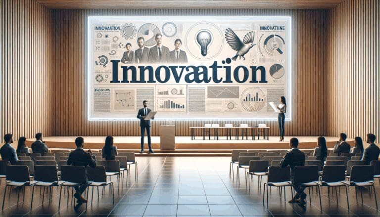 Una startup presentando en un auditorio moderno durante un evento de innovación