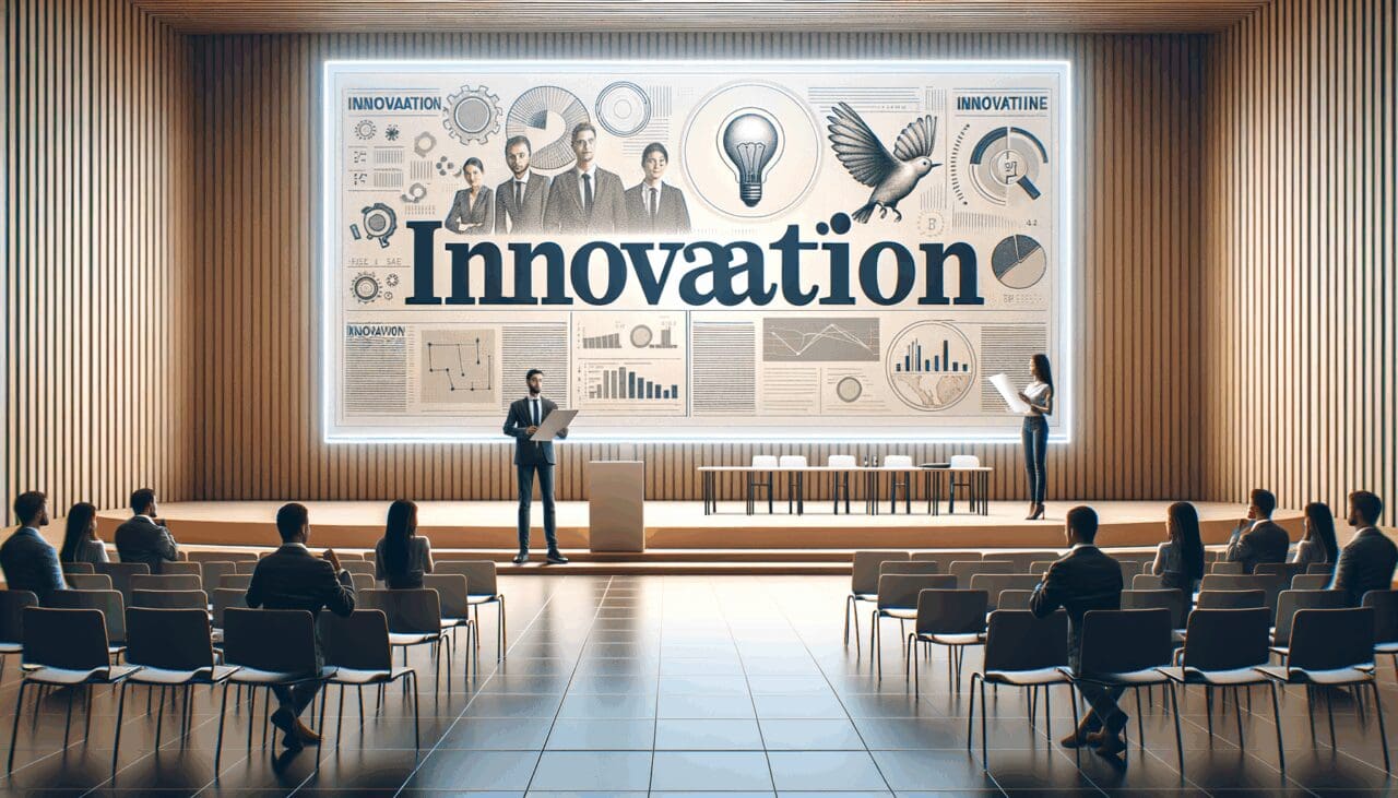 Una startup presentando en un auditorio moderno durante un evento de innovación