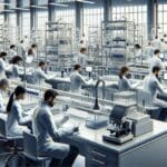 Laboratorio de biotecnología con científicos analizando muestras.