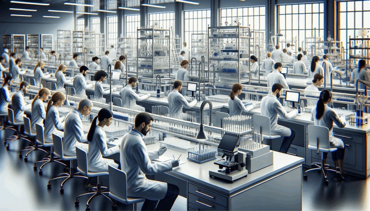Laboratorio de biotecnología con científicos analizando muestras.