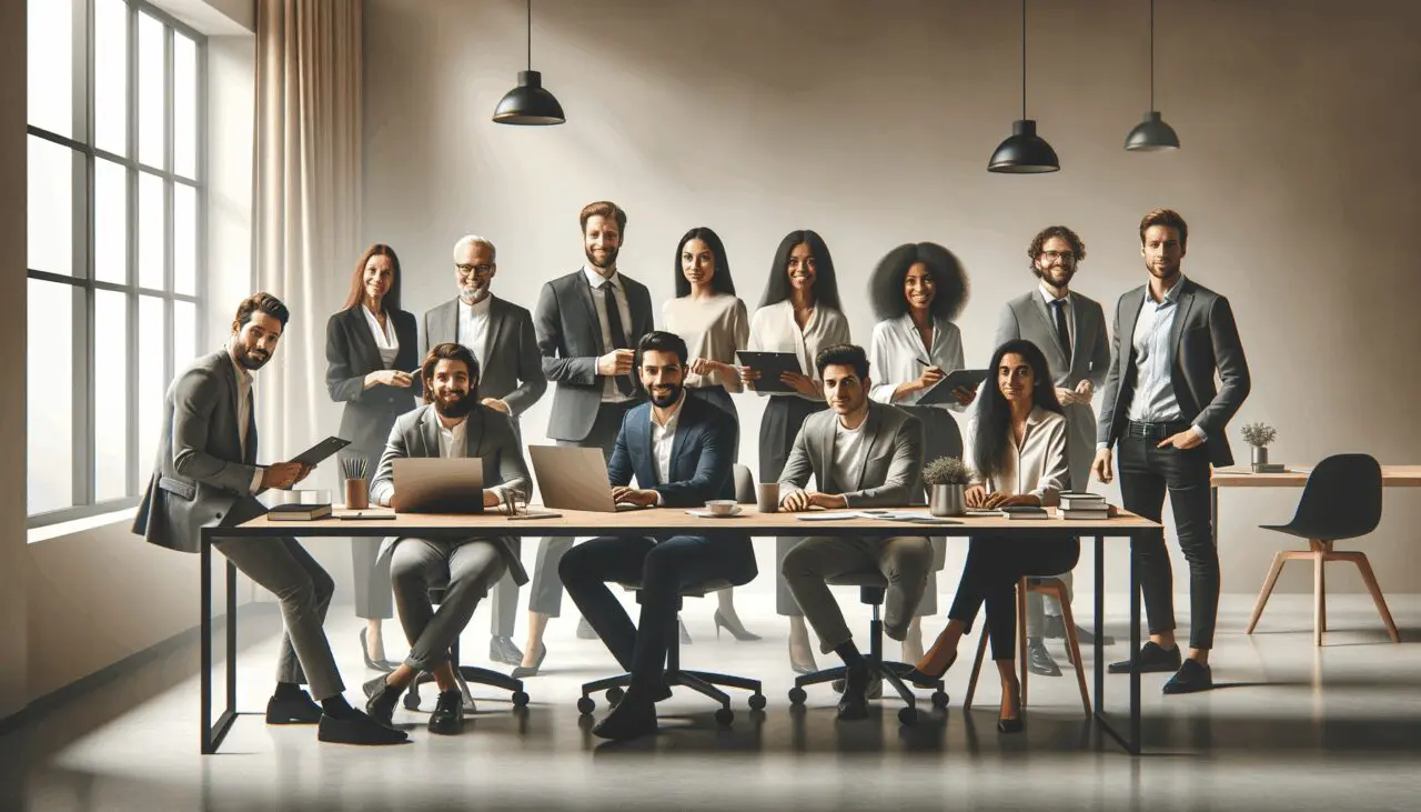 Emprendedores colaborando en un espacio de coworking moderno