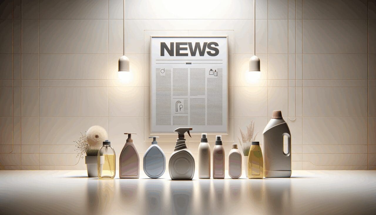 Frascos de productos de limpieza sobre un fondo minimalista, simbolizando innovación y tecnología.