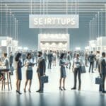 Asistentes interactúan en una feria de tecnología con stands de startups