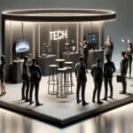 Exposición tecnológica con emprendedores presentando productos en stands modernos
