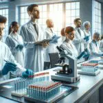 Laboratorio moderno con investigadores manipulando muestras y tecnología biomédica