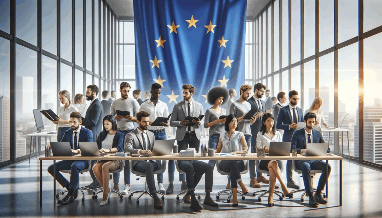 Equipo de emprendedores tecnológicos trabajando en una oficina moderna con banderas de la Unión Europea al fondo
