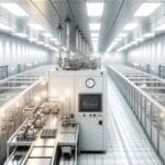 Primer plano de una sala limpia con equipos de fabricación de semiconductores y luces blancas tenues