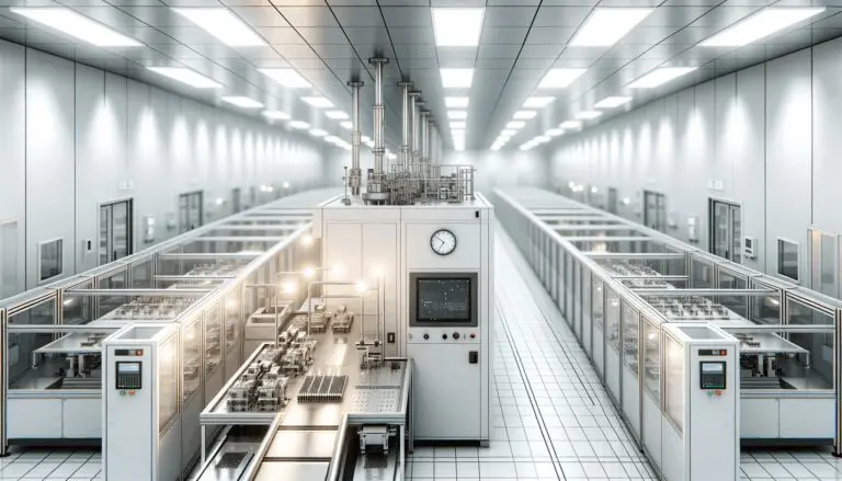Primer plano de una sala limpia con equipos de fabricación de semiconductores y luces blancas tenues