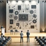 Emprendedores presentando sus soluciones tecnológicas en un auditorio moderno