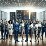 Equipo de emprendedores en una sala con servidores y pantallas tecnológicas de fondo