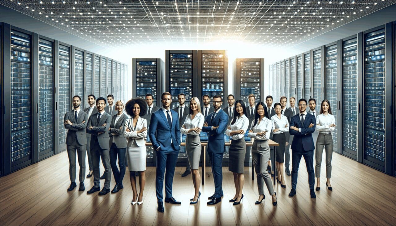 Equipo de emprendedores en una sala con servidores y pantallas tecnológicas de fondo