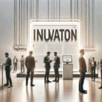 Stands tecnológicos y emprendedores conversando en un evento de innovación