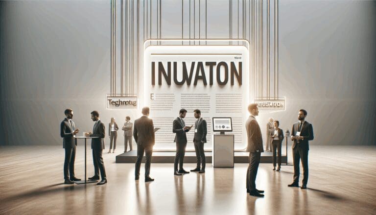 Stands tecnológicos y emprendedores conversando en un evento de innovación