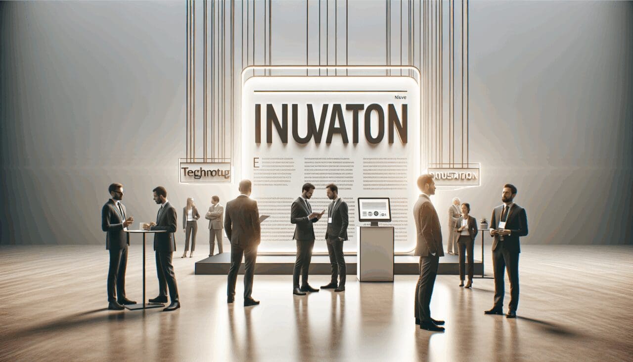 Stands tecnológicos y emprendedores conversando en un evento de innovación