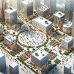 Vista aérea de un campus de innovación moderno rodeado de emprendedores interactuando