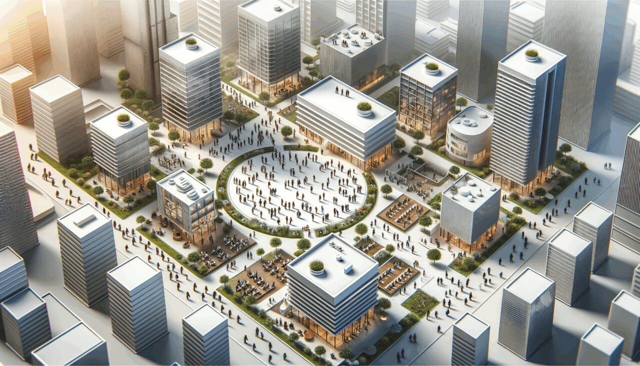 Vista aérea de un campus de innovación moderno rodeado de emprendedores interactuando