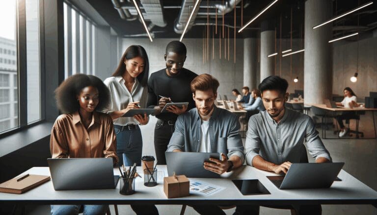 Grupo de emprendedores colaborando en un espacio de coworking moderno con laptops y pizarras digitales