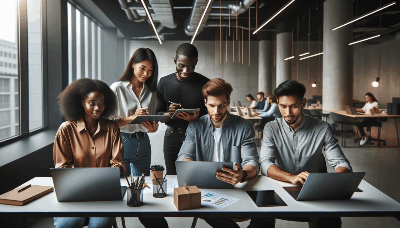 Grupo de emprendedores colaborando en un espacio de coworking moderno con laptops y pizarras digitales