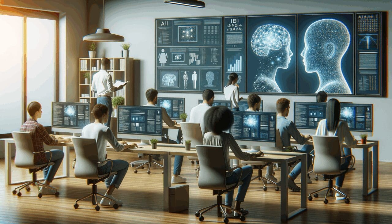 Equipo de desarrolladores trabajando en una oficina moderna con pantallas mostrando algoritmos de IA