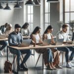 Espacio de coworking moderno con emprendedores trabajando en laptops