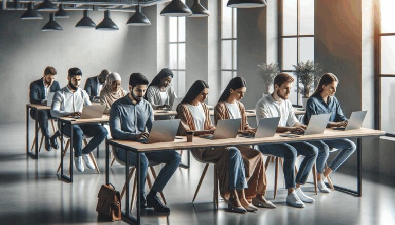 Espacio de coworking moderno con emprendedores trabajando en laptops