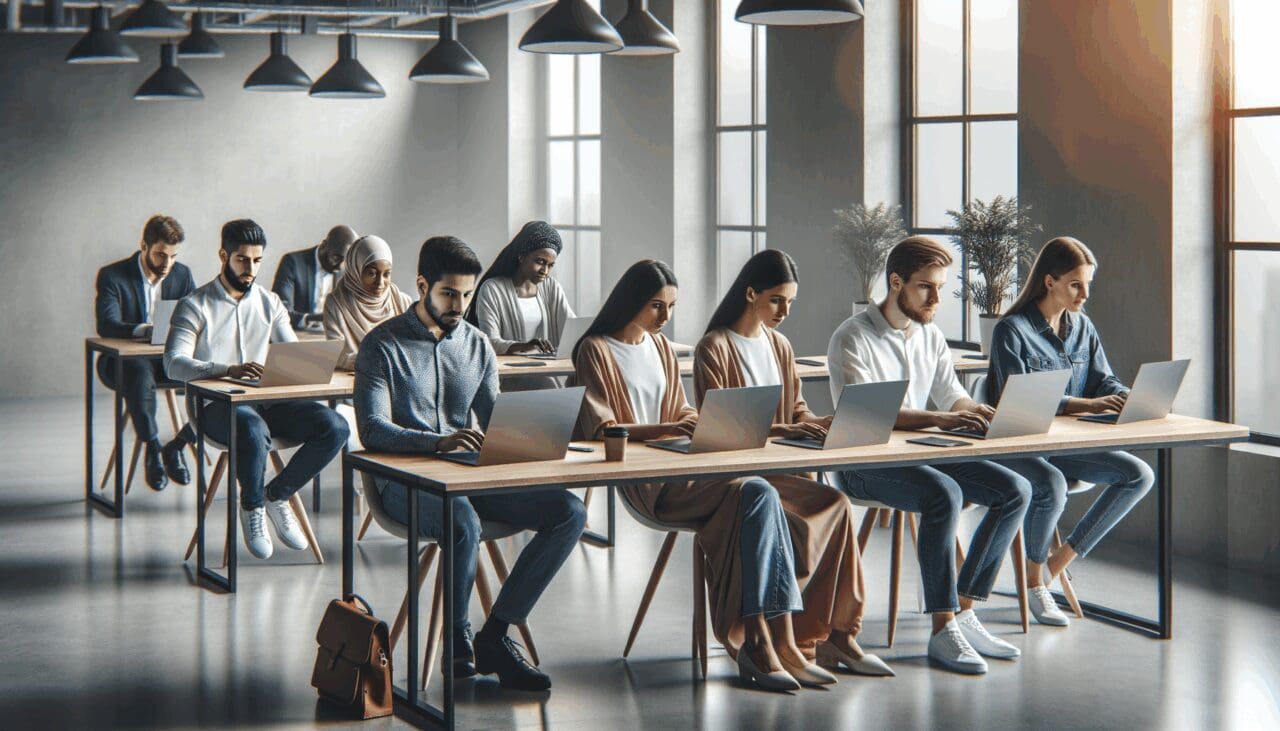 Espacio de coworking moderno con emprendedores trabajando en laptops