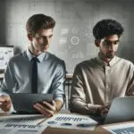 Dos jóvenes emprendedores analizando datos en una oficina moderna con laptops y pizarras con gráficos